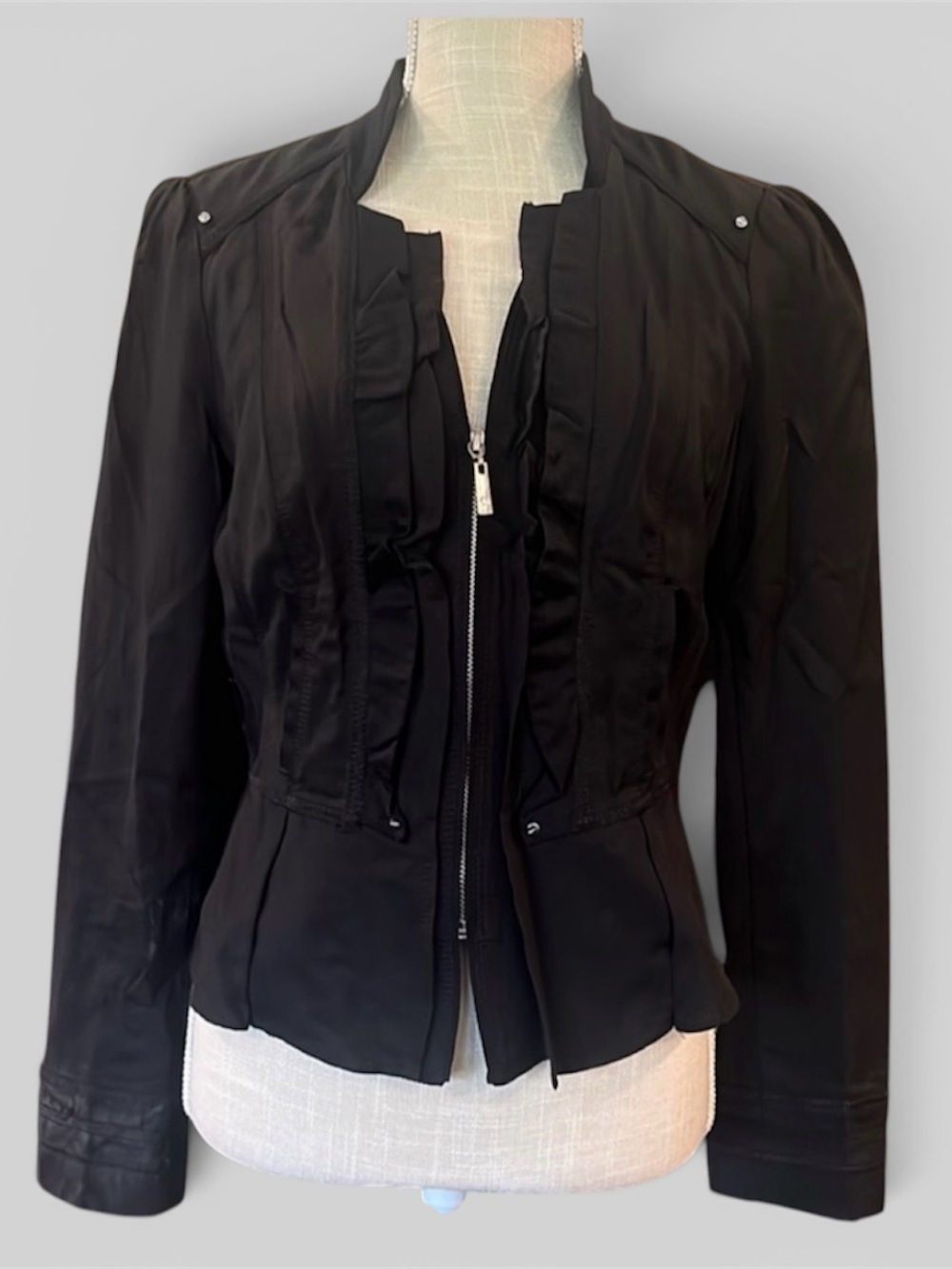 White House Black Market Black Ruffle-Front Zip Blazer